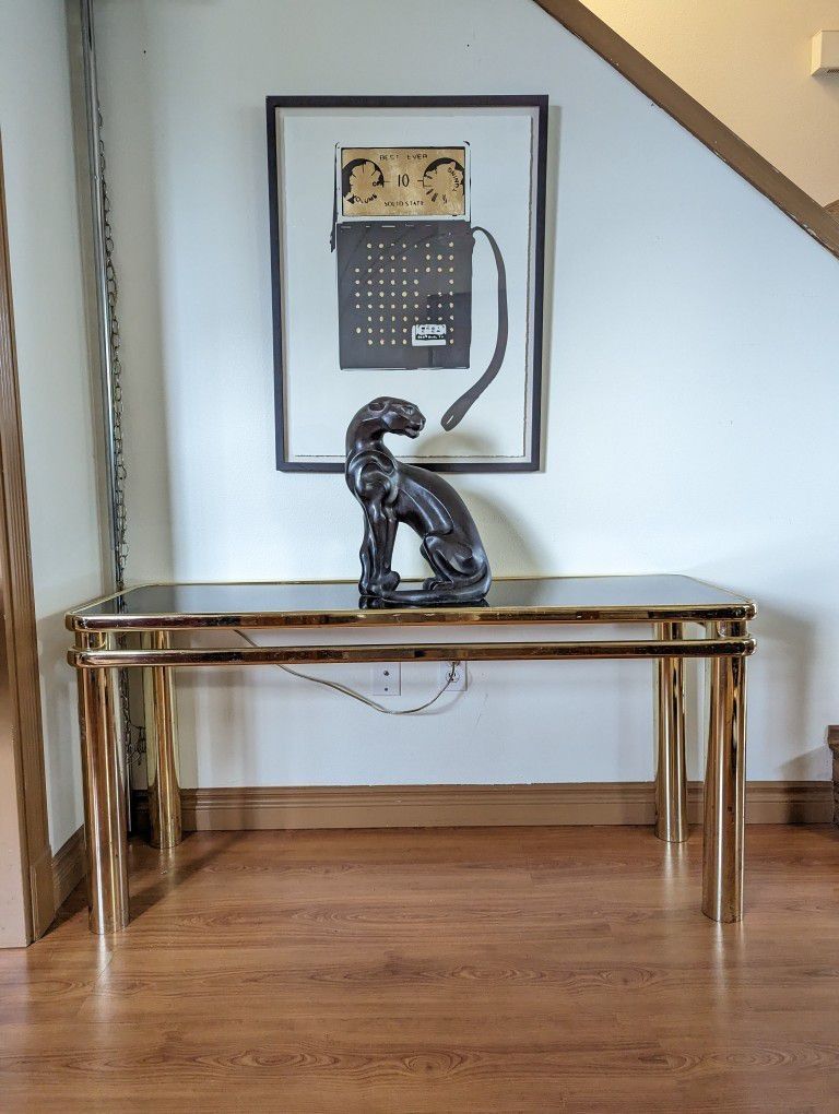 Vintage Postmodern Brass & Smoked Glass Console Table