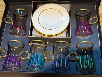 Alakha Kristal Turkish Tea Glass & Saucer Set 12-Piece Multicolor Gold Striped