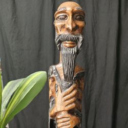 Antique African Immortal Wisdom God Hand-Carved Wooden Sculpture