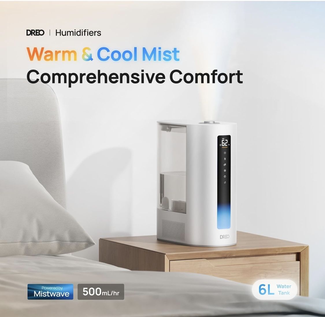 Dreo 6L Humidifier Large Room, Warm & Cool Mist Humidifiers for Bedroom, 60H Runtime, 12H Timer, Top Fill, Humidity Indicator Light, Baby, Plants, Eas