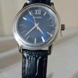 New Bulova Blue Dial Watch Black Leather Womens Silver Color 96L287 Women's