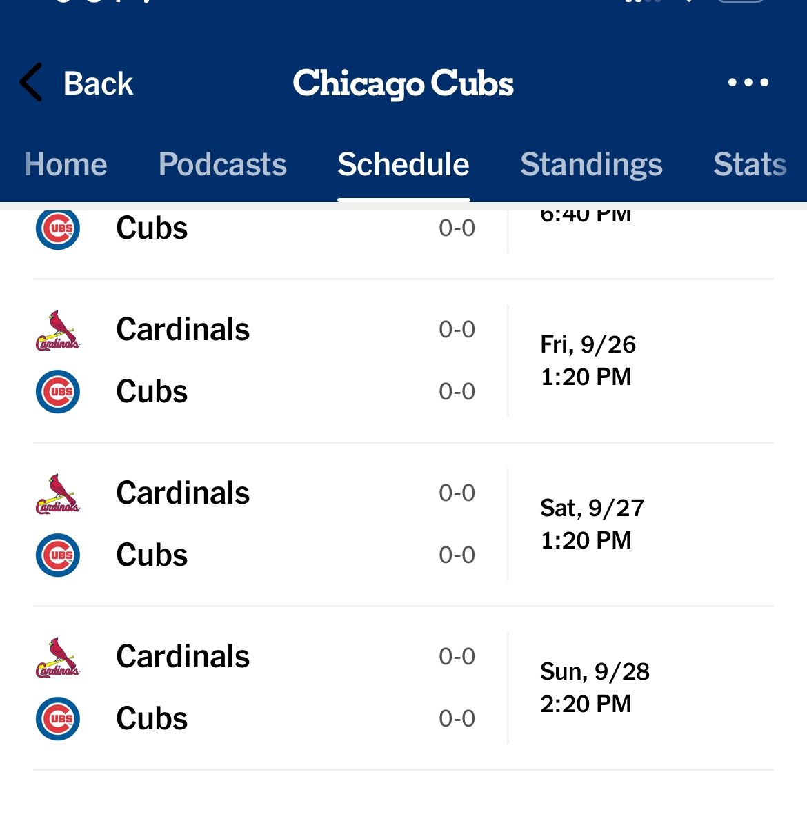 Cub vs St Louis Cards - Saturday, Sept 27