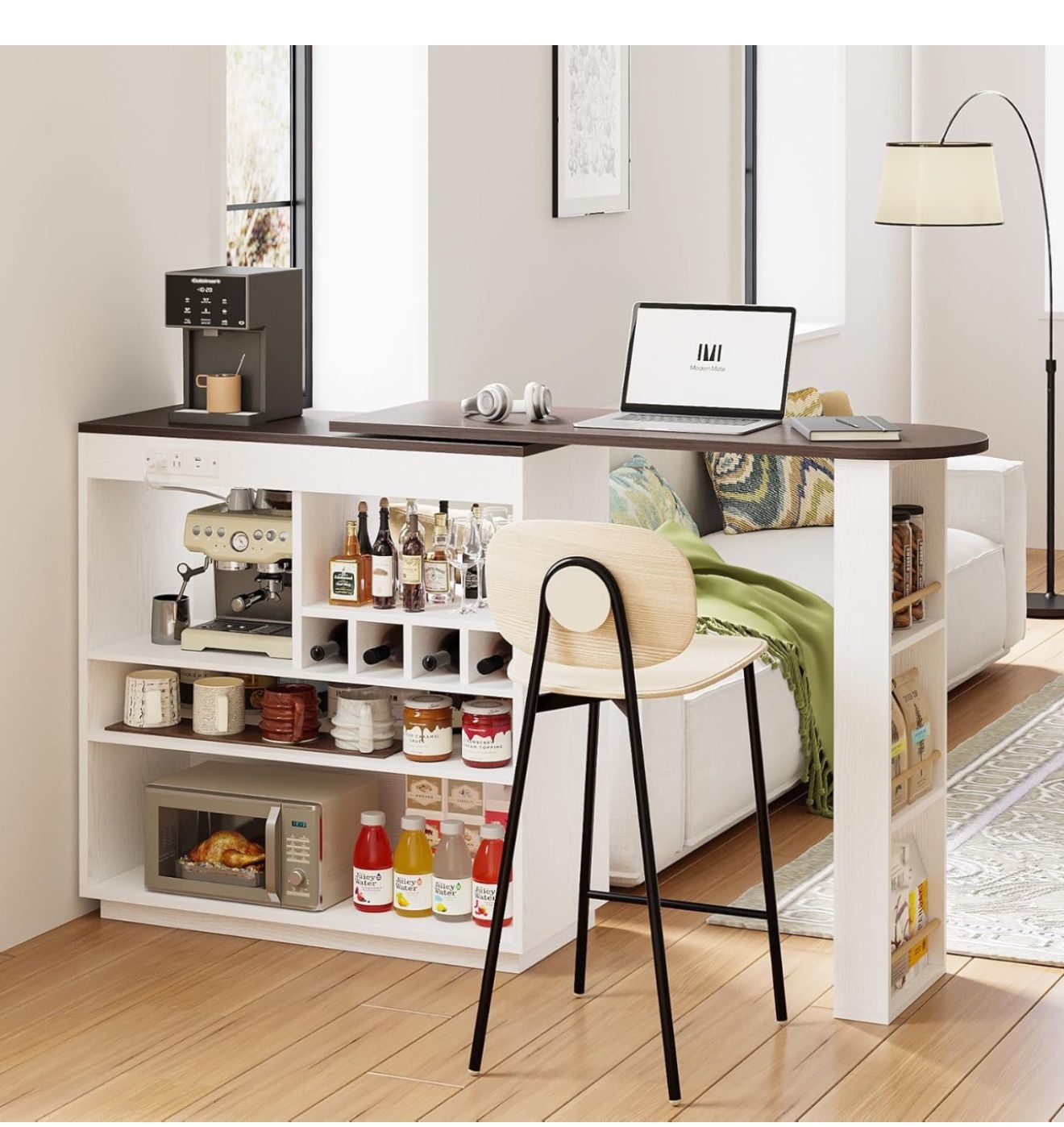 Bar Cabinet with Storage 360° Rotating Bar Table 69x15.7x40.4 inch Power Outlets Multi-Functional Easy Assembly Sideboard, Breakfast Counter Mini Bar