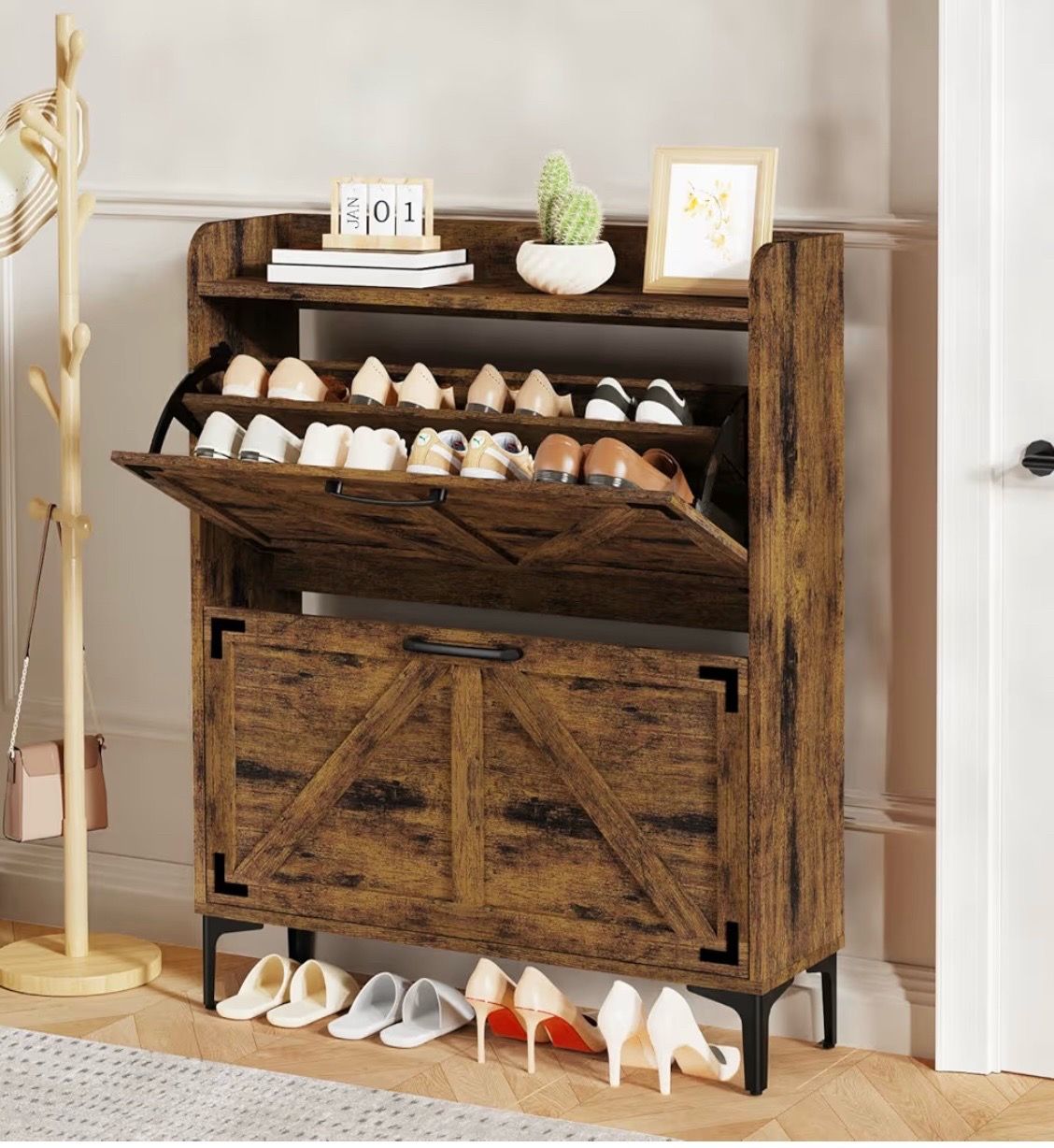 Narrow Shoe Organizer with 2 Flip Drawers, Wooden Shoe Storage Cabinet for Entryway and Hallway, 9.45" D x 31.5" W, Store up to 12-16 Pairs, Brown