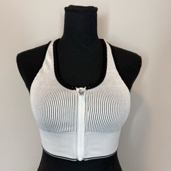 Calvin Klein White and Black Ribbed Zip-Front Performance Bra