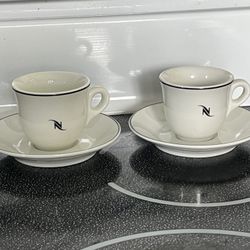 Set of 2 Nespresso Cappuccino White Ivory Coffee Cups w Saucers