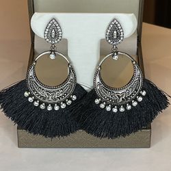 Boutique Black Fringe Earrings With Crystal Detail