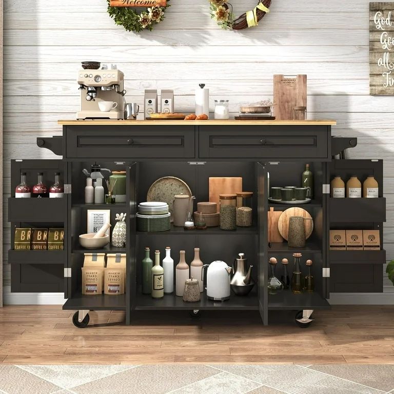 55" Rolling Kitchen Island Cart with Drop Leaf Breakfast Bar, Rubber Wood Top – on Wheels with Drawer, Storage Cabinet, Spice & Towel Rack
