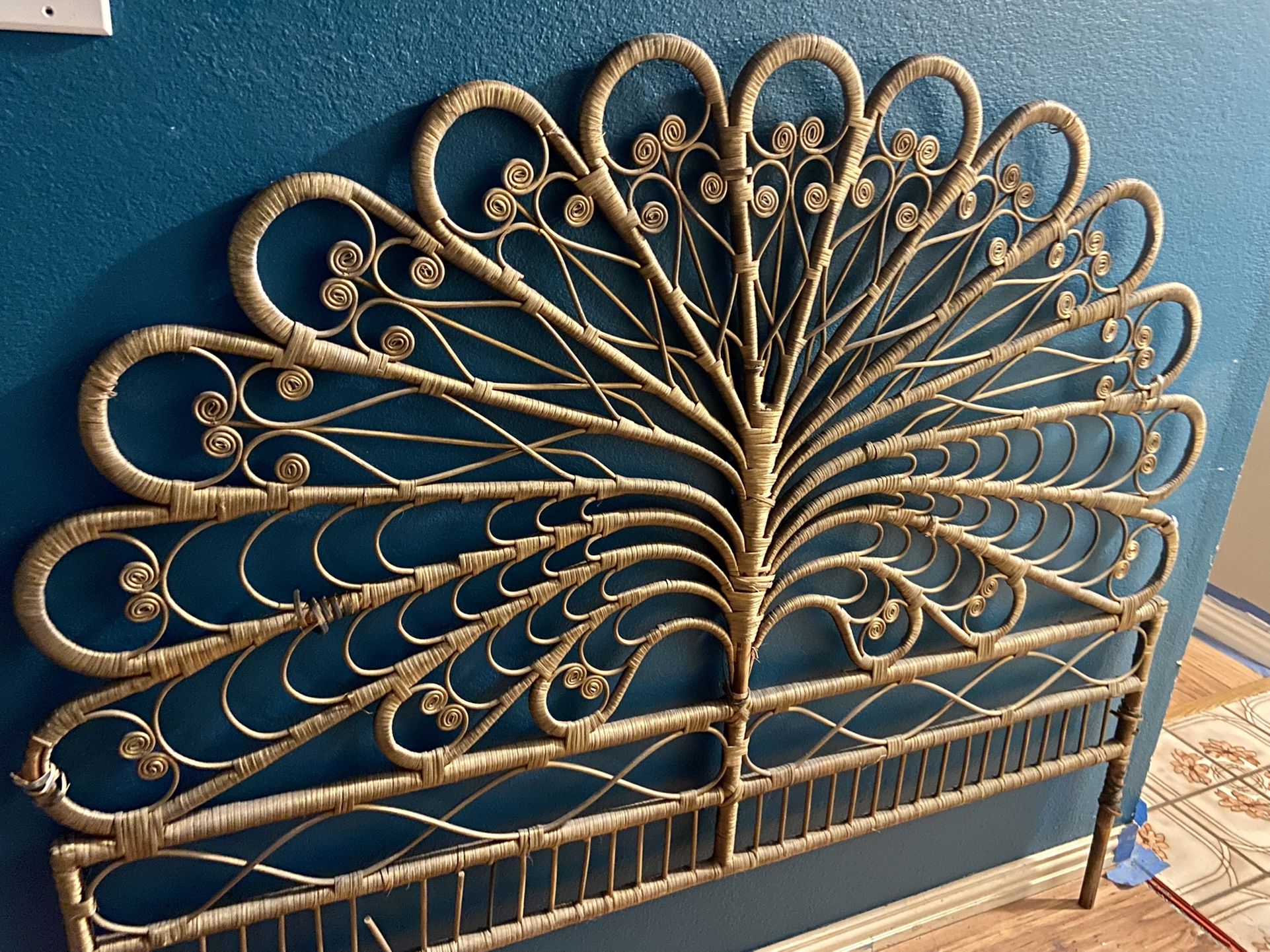 VINTAGE RATTAN PEACOCK HEADBOARD - QUEEN
