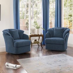 Set Of 2 Oversized Blue Fabric Upholstered Swivel Accent Chair