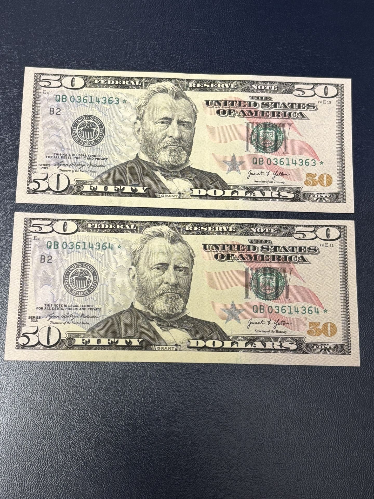 Two Sequential Star Notes $50 Dollars Bills Series 2021 Lot#1