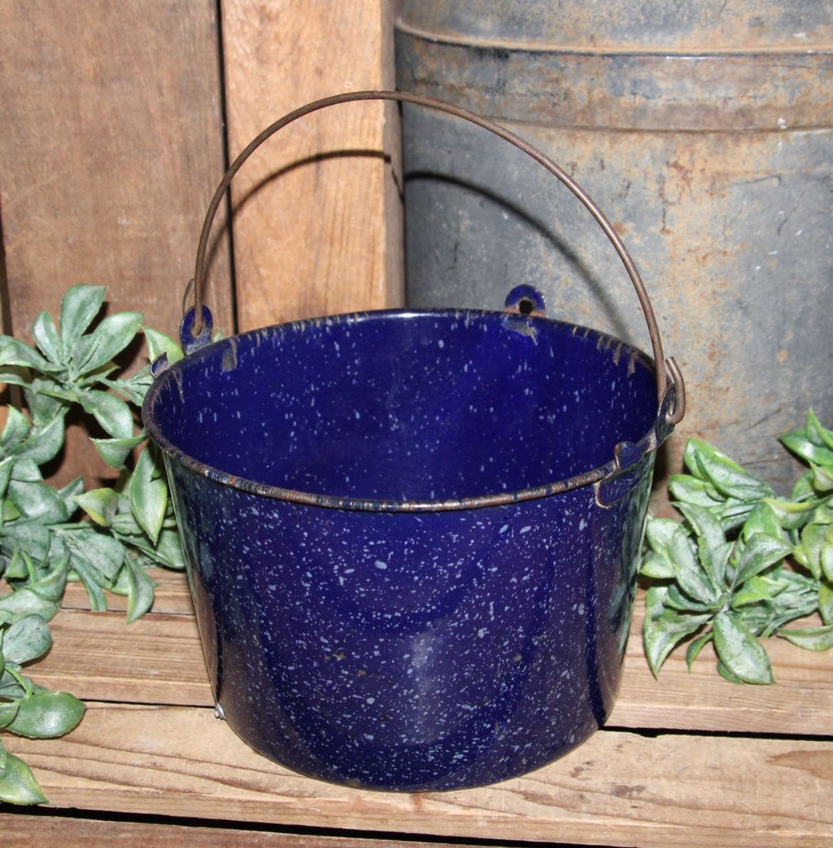 Vintage Speckled Cobalt Blue Primitive Farmhouse Enamelware Pot with Handle