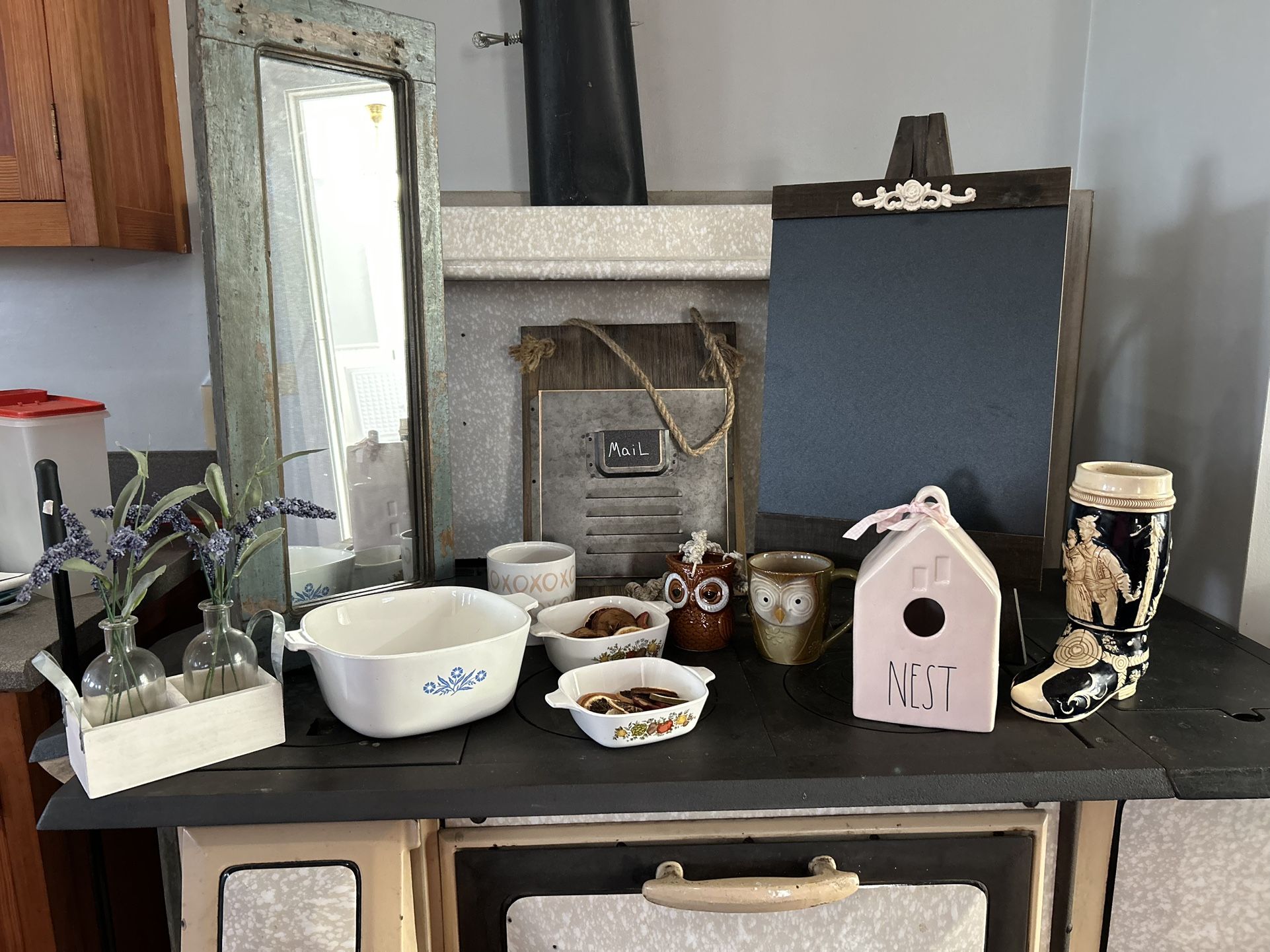 Farm House Decorations Rae Dunn Mail Box Bird House Mirror Owl  Corningware