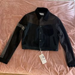 Triarchy Atelier Denim Black Metal Moto Jacket with Rhinestone Sleeve, Size S NWT