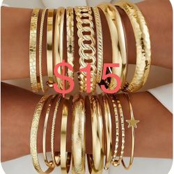 Gold Bangle Bracelets for Women, 19Pcs Multi Layer Bangles Set, 14K Gold Plated Textured Chunky Bracelet Boho Jewelry Set