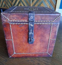 Antique 19th Century Leather Document Box / Trunk - 14.25" Cube