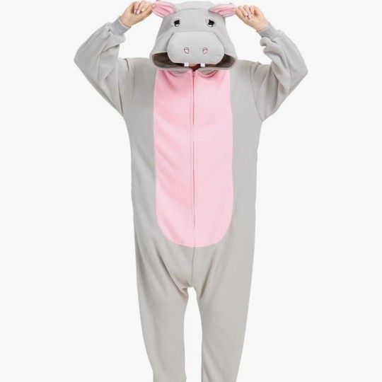 Gray/Pink Hippo Adult Onesie Costume/PJs w/Zipper, Pockets, 3D Hoodie/Tail (L)