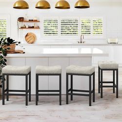 Set of 4 Counter Height Bar Stools, 24” Saddle Backless Bar Stools, Faux Leather Counter Stools with Black Metal Legs, Kitchen Island stools