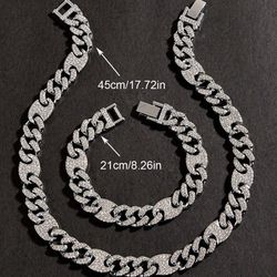  2 Pcs Men Women FULLY ICED Silver Cuban Link Chain 14K Gold Plated Cubic Zirconia Necklace & Bracelet