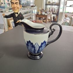 Vintage Bombay Company Cobalt Blue & White Creamer Pitcher. Rosette Pattern 5.5"H X 5.75"W