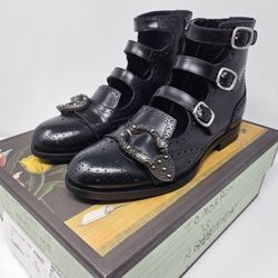 Gucci 7 40.5 Spirit Black Oxford Derby Western Embellished Buckle Belt Boots IT