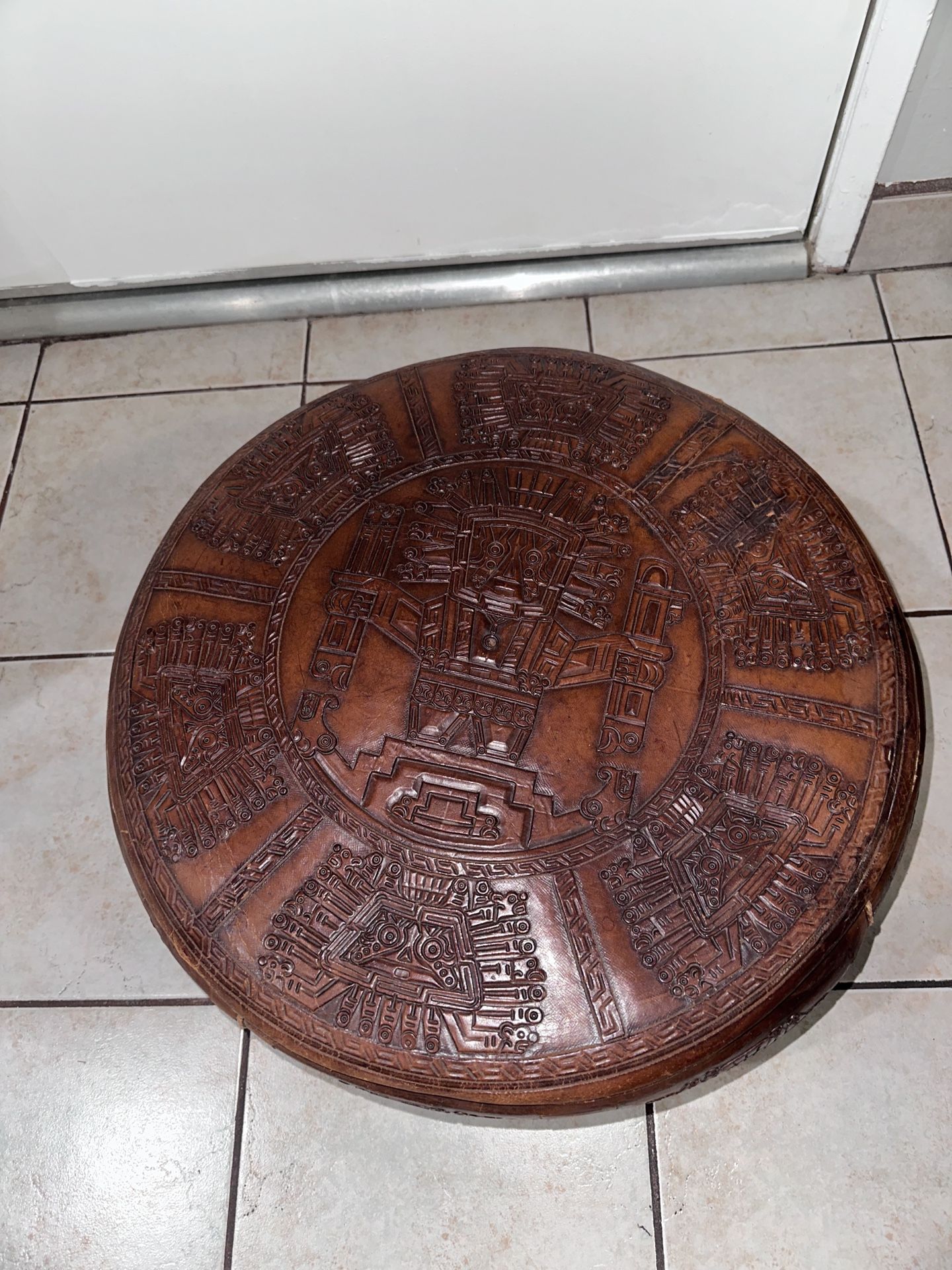 Two Leather Peruvian Embossed Ottoman Cover Drum Stool Inca Pattern sofa