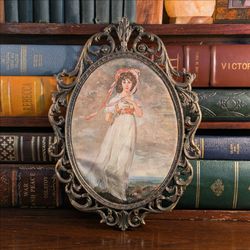 Pinkie by Thomas Lawrence, Italian Ornate Brass Victorian Framed Art Print Reproduction 13" x 9"