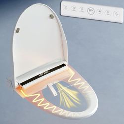 Electric Bidet Toilet Seat with Warm Water, Heated Bidet Attachment for Toilet with Dryer, Self Cleaning Elongated Bidet Seat with Remote Control, Bla