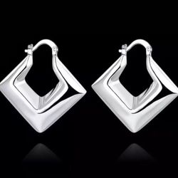 925 Sterling Silver CHUNKY HOOP diamond shape dangle hoop earrings