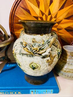 Vintage Vase Hand made Pottery Asian Vase Rare Style Dragon Carved Collectible Decorative Very Unique