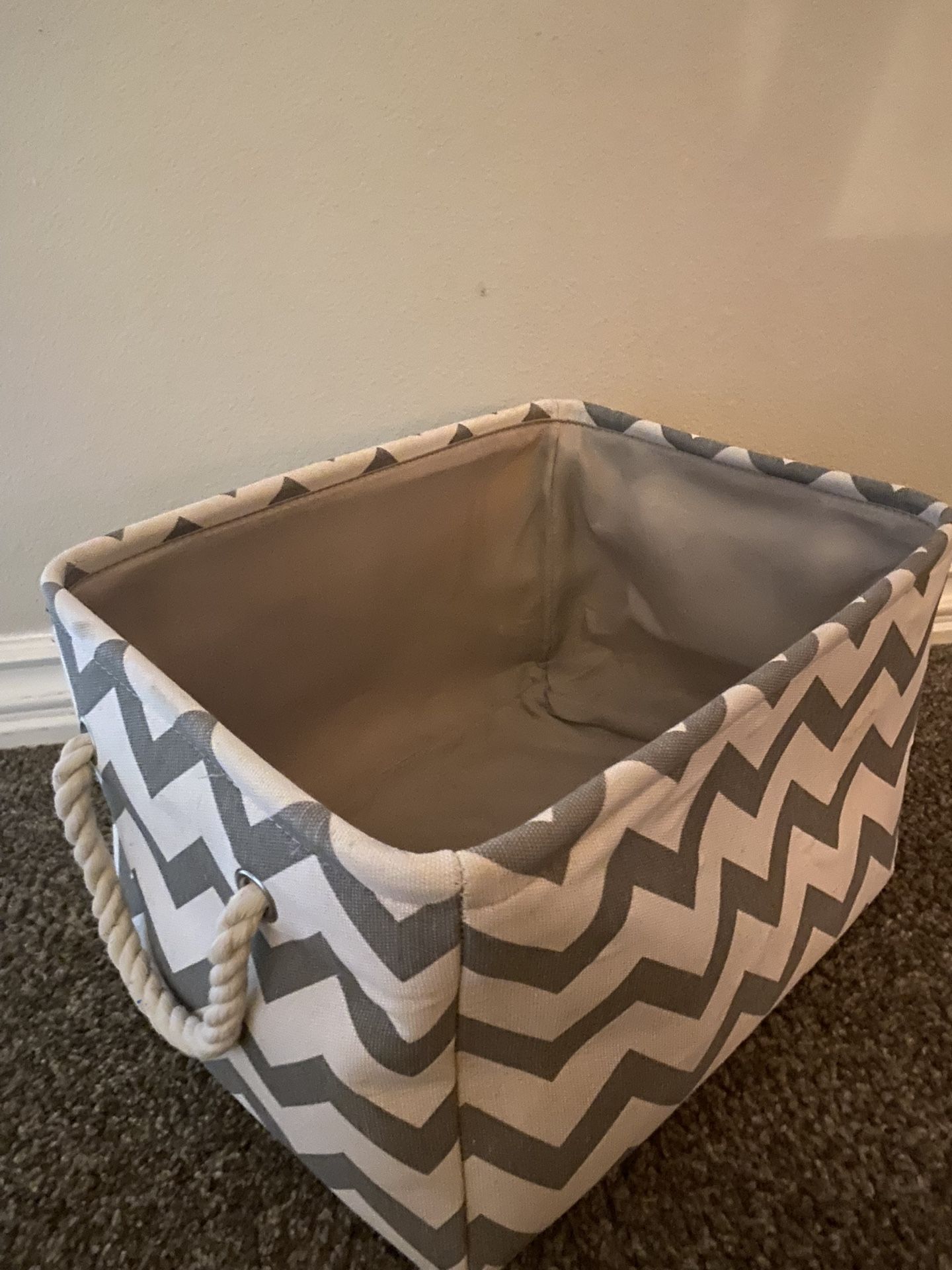 Large Grey Polyester Container with Handles, Chevron Storage Bin