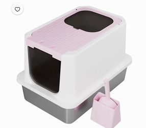Enclosed Cat Litter Box: Extra Large Pink Litter Pan with Top Exit & Anti-Leak Design - Teflon Non-Stick Coating Stainless Steel Cleaning - Odor-Contr