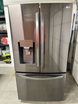 LG ThinQ French Door Refrigerator with Ice Maker, gas range, dishwasher , and over the range microwave