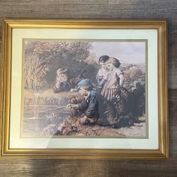 Antique Matted Framed 19x16" Lithograph Print 'Patience' by Laurah Haerlin 1879