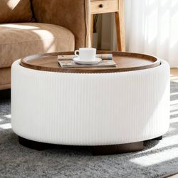 E933 $80  29.5 Inch Round Storage Ottoman Coffee Table,Modern Circle Coffee Table with Storage with Removable Lid Top and Solid Wood Legs,Large Round 
