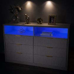 Fluted 6 Drawer Dresser With Power Outlet And Led Lights,Modern Chest Of Drawers With Charging Stati
