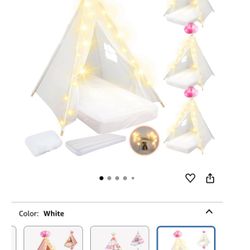 4 Pack Teepee Tent for Kids Slumber Party with Mattress, Fitted Sheet,Light String, Natural Cotton Washable Sleepover Tents for Girls Party Birthday S