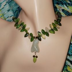 Vintage Light Blue Topaz, Chrysoprase, Phrenite, Tourmaline, 925ss Necklace 