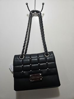 New Nicole Miller Black Quilted Faux Leather Handbag with Chain Strap