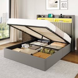 Queen Size Hydraulic Lift-Up Storage Bed Frame, LED Headboard with Fast Charging (USB/Type-C), 2-Tier Shelves & Velvet Upholstered, Gray