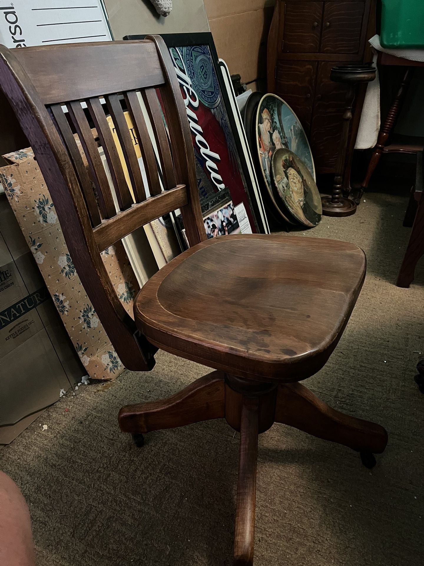 Vintage Adjustable Oak Desk Chair On Casters