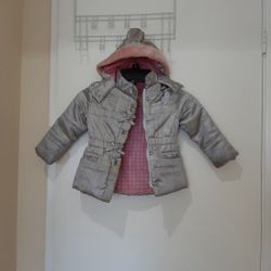 Toddler Girls  Winter Coat - Silver with Pink Polka Dot Lining  - Size 3T