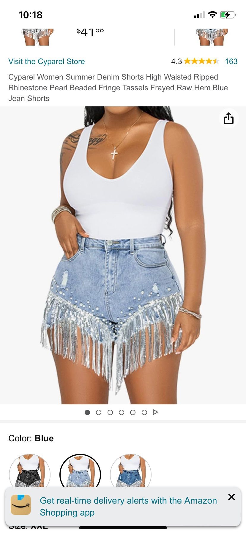 NEW - Denim Shorts High Waisted Rhinestone Pearl Beaded Fringe Tassels Frayed Blue Jean Shorts