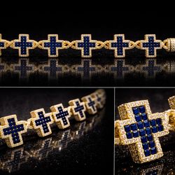 Navy Blue Cross Moissanite Bracelet 21mm Iced Out 925 Silver VVS Stones