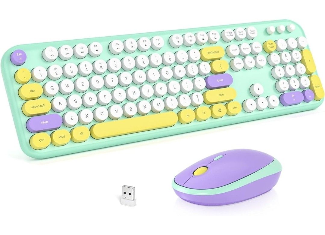 New Wireless Keyboard and Mouse Combo - Lovely Tiffany Blue 2.4G Full-Sized Colorful Keyboards, Round Keycap USB Dongle Plug Play Cute Keyboards