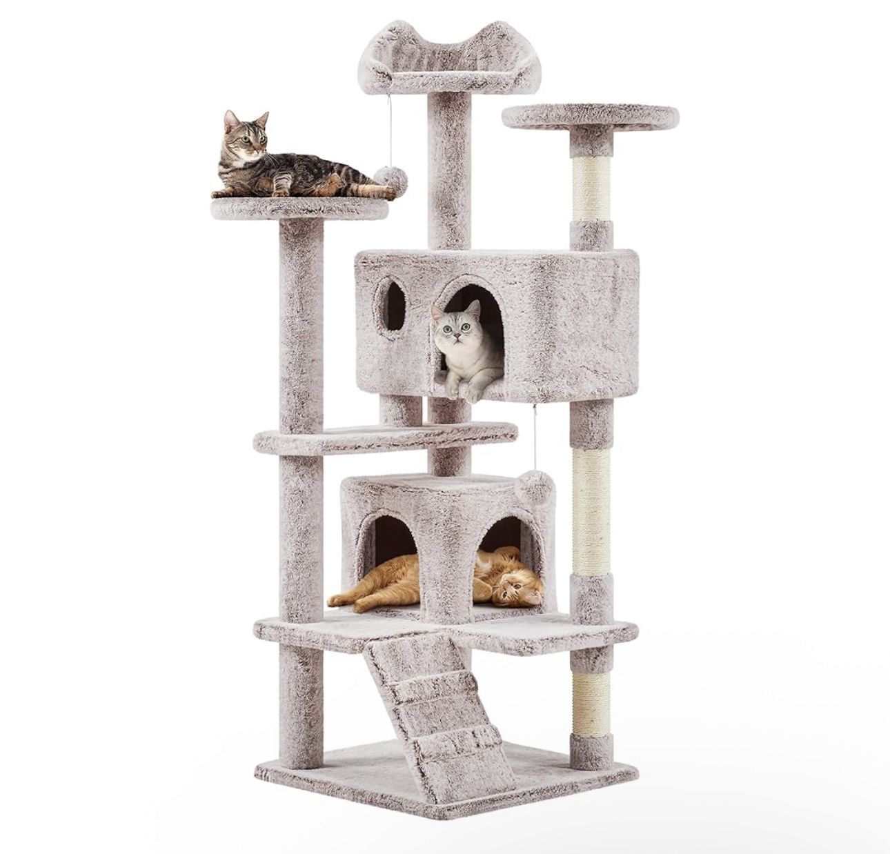 54in Cat Tree, Cat Tower with Double Cat Condo, Sisal Scratching Posts, and Dangling Balls, Cat Furniture Kitten Play House
