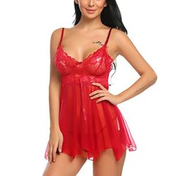 Size S | Sexy Women’s Red  Lace See-Through Babydoll Nightgown 