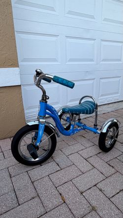 Schwinn Blue Tricycle Striped Seat Chrome Fenders Three Wheels for Kids