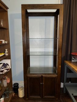 wood & glass shelving with cabinet