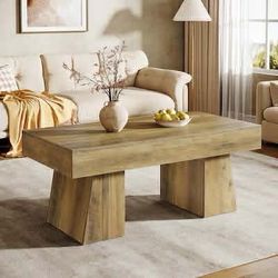 Farmhouse Coffee Table 47 Inches Wooden Rectangular Accent Center Tables with Thick Base Modern Low Cocktail Tea Furniture for Living Room (Rustic Bro
